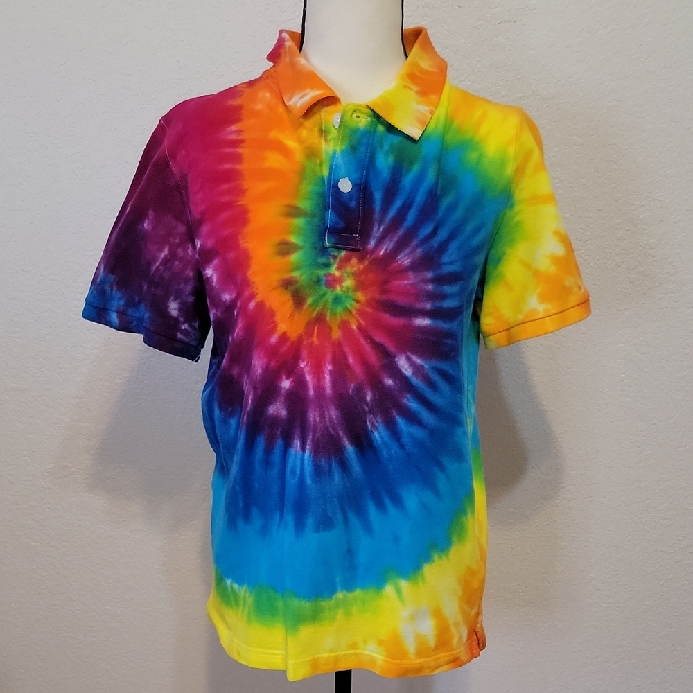 Colorful Hand Tie-Dyed Kids Polo Cherokee Shirt Size XL Rainbow Spiral